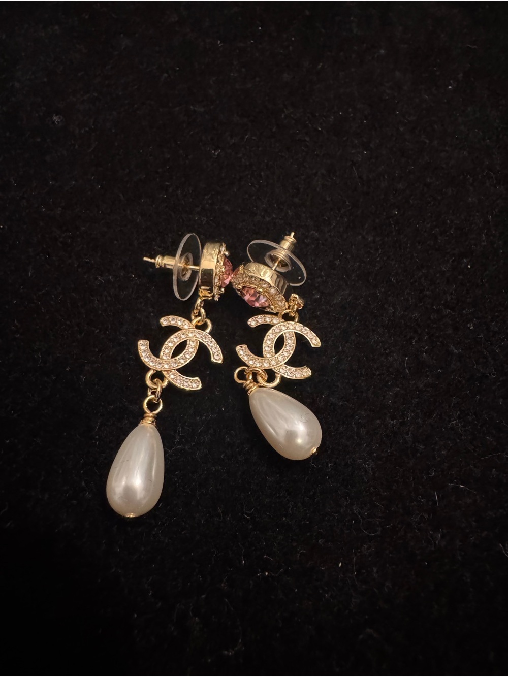 CHANEL Gold and Pink Crystal CC Drop Earrings with Pearl Teardrops